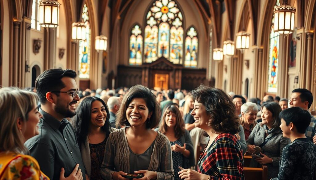 A warm, inviting church interior with a sense of community and fellowship. The foreground features a group of diverse individuals engaged in lively conversation, their expressions radiant with joy and connection. In the middle ground, people of all ages mingle and interact, some sharing a meal or laughing together. The background showcases the church's ornate architecture, stained glass windows casting a soft, ethereal glow. The lighting is natural and diffused, creating a cozy, welcoming atmosphere. The overall scene conveys a vibrant, inclusive faith community coming together in a spirit of camaraderie and shared purpose.