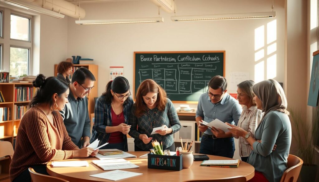 A warm, inviting classroom setting with a diverse group of parents and teachers engaged in a collaborative discussion. The foreground features a round table where adults are leaning in, exchanging ideas and documents. Sunlight streams through large windows, casting a soft glow on the scene. Bookshelves and educational materials line the walls in the middle ground, suggesting a nurturing, academic environment. In the background, a chalkboard displays a curriculum outline, symbolizing the partnership between the school and the community. An atmosphere of trust, open communication, and a shared commitment to student success permeates the image.
