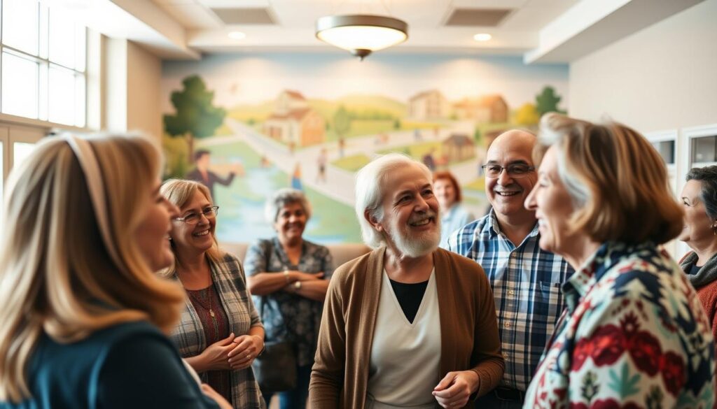 A warm, inviting community gathering, captured through the lens of a wide-angle camera. In the foreground, members of the Lutheran Federal Credit Union smile and engage in lively conversation, their faces radiating a sense of belonging and camaraderie. The middle ground features a backdrop of the credit union's welcoming lobby, replete with cozy furnishings and natural lighting that casts a soft, soothing glow. In the background, a mural depicting the credit union's commitment to the local community sets the stage, creating a visually striking and heartfelt scene that showcases the institution's deep-rooted connection to its members.