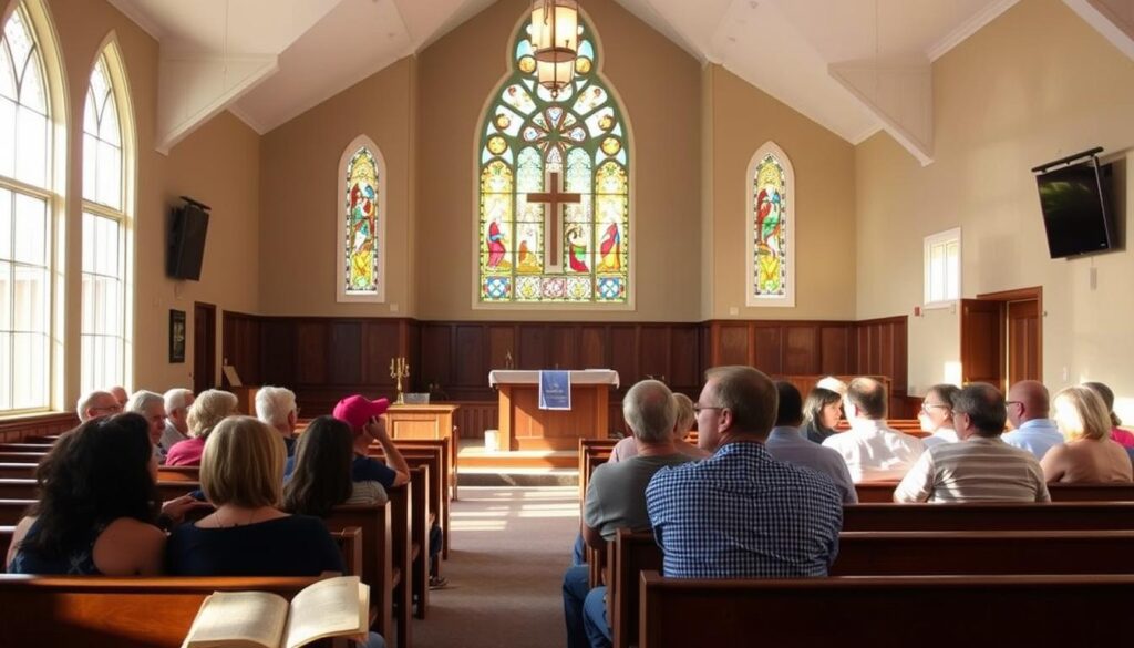 A warm, inviting interior of a Protestant church in Ennis, AL. In the foreground, a group of people gathered in a cozy Bible study circle, engaged in thoughtful discussion. Soft, natural lighting filters through large windows, casting a serene glow. In the middle ground, the pulpit and altar stand, adorned with simple, elegant decor. Wooden pews line the space, welcoming the congregation. The background features ornate stained glass windows, their colors casting a reverent ambiance. An atmosphere of community, contemplation, and reverence pervades the scene.