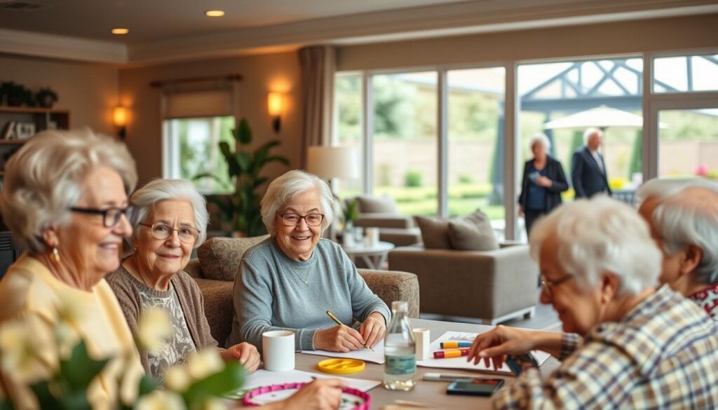 A warm, inviting retirement home setting with a dedicated memory care program. In the foreground, a group of elderly residents engaged in a calming activity like arts and crafts, their faces radiating joy and a sense of purpose. The middle ground features a cozy lounge area with plush seating, soothing lighting, and personalized décor elements that create a homelike atmosphere. In the background, a view of lush, manicured gardens and an outdoor patio, where other residents stroll or relax, fostering a connection with nature. The scene is captured with a soft, diffused lighting, conveying a sense of comfort, security, and compassionate care.