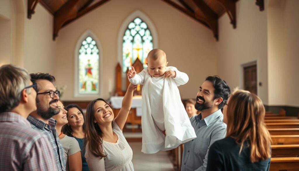 A warm, inviting scene of a family community baptism unfolds. In the foreground, a young child dressed in a pristine white gown is held aloft by loving parents, their faces beaming with joy and reverence. Around them, a circle of family members and close friends gather, their expressions conveying a sense of togetherness and shared spiritual journey. The middle ground features the elegant altar of a modest church, its stained-glass windows casting a soft, ethereal glow. In the background, rows of wooden pews suggest a sanctuary filled with the hushed anticipation of this sacred moment. The lighting is natural and gentle, evoking a sense of timelessness and the profound significance of this rite of passage.