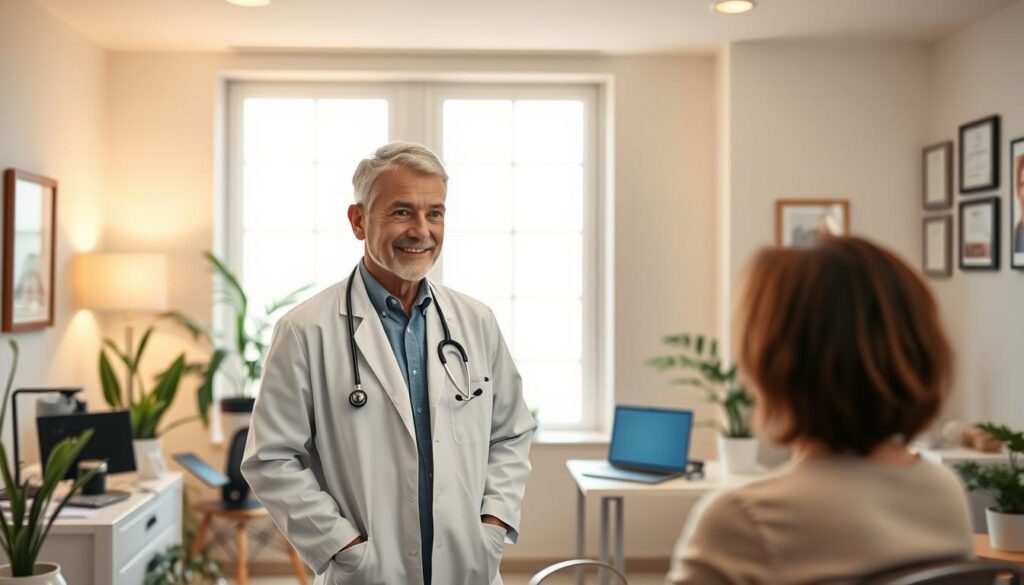 A warm, inviting virtual doctor's office with a calming, professional atmosphere. A middle-aged doctor in a white coat stands before a patient on a video call, their faces illuminated by soft, natural lighting from a large window. The doctor's expression is kind and attentive, their body language open and reassuring. In the background, a neatly organized desk with a laptop, medical equipment, and diplomas on the wall convey a sense of expertise and care. The room is decorated with soothing colors and plants, creating a welcoming, modern ambiance.
