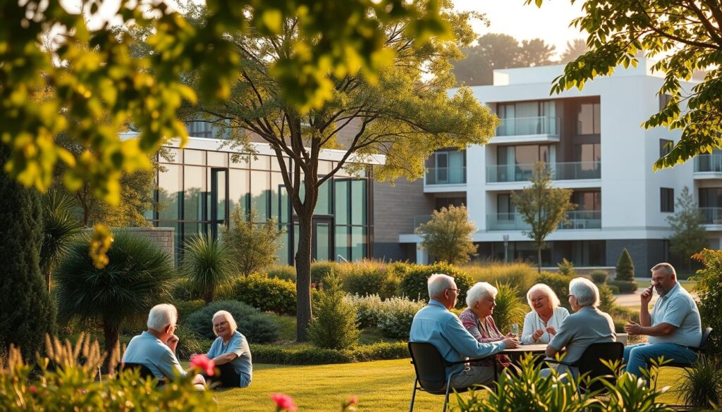 A warm, serene scene of a modern senior living community nestled amidst lush greenery. In the foreground, a group of elderly residents enjoy a tranquil outdoor gathering, engaged in lively conversation and leisurely activities. The middle ground features a well-equipped rehabilitation center, its glass walls reflecting the surrounding natural beauty. In the background, a state-of-the-art medical facility stands, its clean lines and calming palette conveying a sense of comprehensive, compassionate care. Soft, diffused lighting casts a gentle glow, creating an atmosphere of comfort, security, and community.