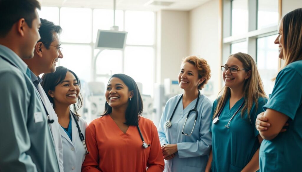 A warm, vibrant healthcare environment with a supportive, collaborative culture. In the foreground, a diverse group of healthcare professionals engage in friendly discussions, their faces exuding kindness and empathy. The middle ground showcases a modern, well-equipped hospital setting with state-of-the-art medical technology. In the background, sunlight streams through large windows, creating a calming, uplifting atmosphere. The lighting is soft and natural, enhancing the sense of care and comfort. The overall scene conveys a strong sense of teamwork, compassion, and a commitment to providing excellent patient-centered care.