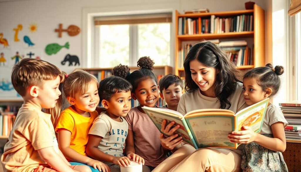 A warm, vibrant scene of Christian education for children. In the foreground, a group of young students, diverse in age and ethnicity, gathered around a kind-faced teacher, listening intently as she reads from a storybook. In the middle ground, children's artwork adorns the walls, colorful and expressive. Soft, natural lighting filters in through large windows, casting a serene glow. In the background, a bookshelf overflows with volumes on faith, history, and moral teachings. An atmosphere of curiosity, community, and spiritual nurturing pervades the space.