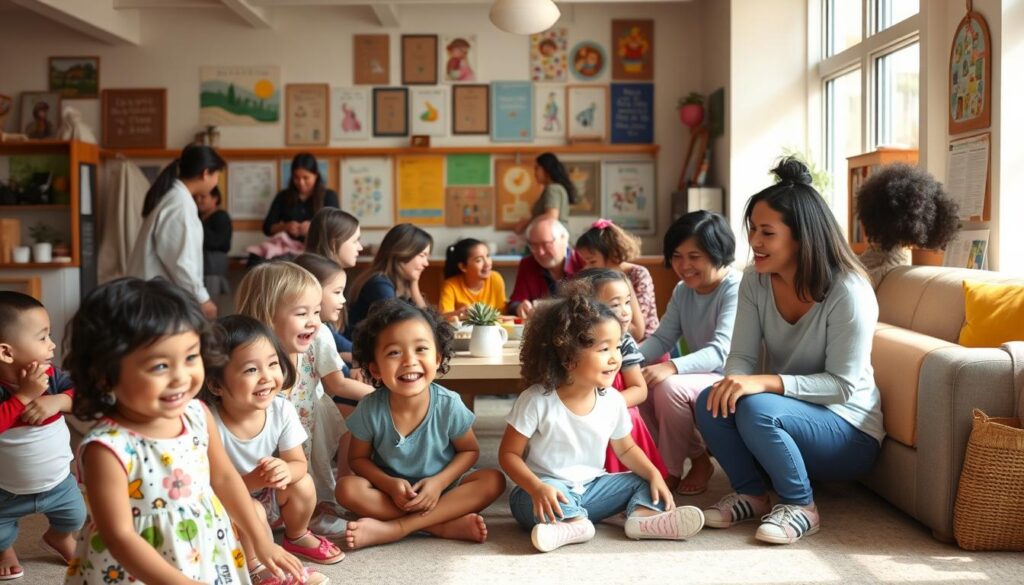 A warm, vibrant scene of a bustling community support network for children and families. In the foreground, a group of diverse children of various ages engaged in joyful play, their laughter and smiles radiating a sense of comfort and belonging. In the middle ground, a mix of parents, guardians, and social workers clustered around a central table, offering guidance, resources, and a listening ear. The background is filled with a cozy, well-lit interior, adorned with colorful artwork, educational posters, and comfortable seating areas, creating an inviting and nurturing atmosphere. Soft, natural lighting filters in, casting a gentle glow over the entire scene, evoking a feeling of safety, support, and community.