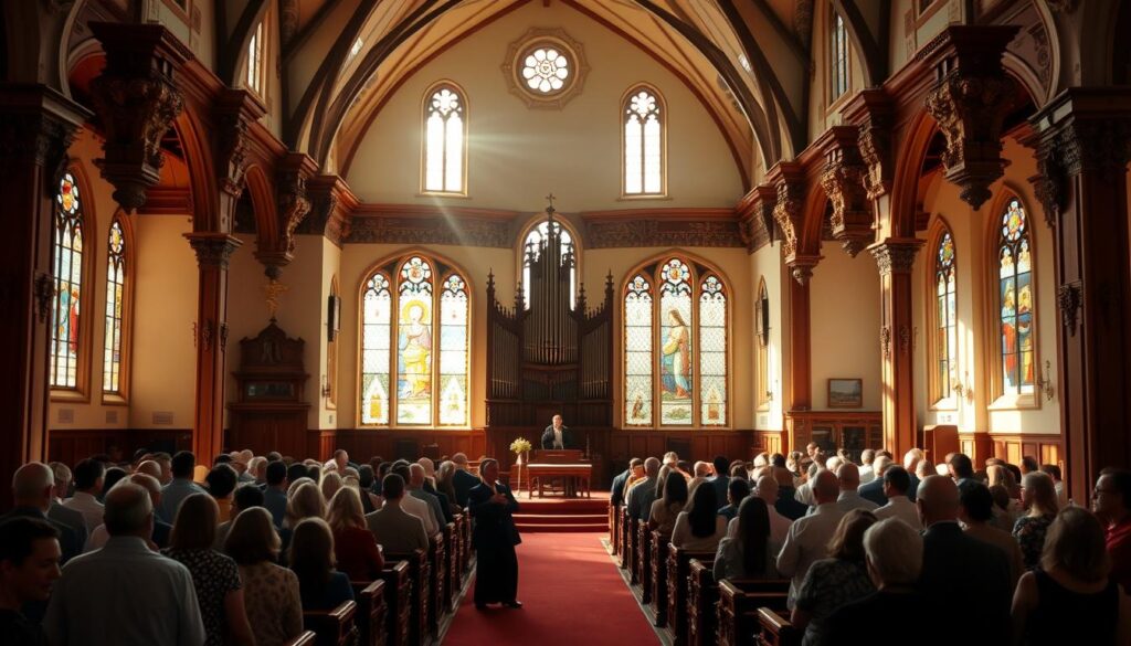 A warm, welcoming church interior bathed in soft, natural light filtering through stained glass windows. In the spacious sanctuary, a congregation gathers in reverent worship, heads bowed in prayer or raising hands in praise. The pulpit stands at the center, flanked by wooden pews and a grand organ. In the fellowship hall, parishioners engage in animated conversation, sharing meals and fellowship. Intricately detailed architectural elements, like ornate carvings and intricate tile work, evoke a sense of timeless tradition. The atmosphere exudes a spirit of community, devotion, and shared spiritual experience.