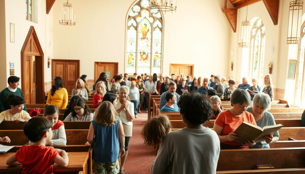 A warm, welcoming church interior with diverse parishioners of all ages engaged in various ministries. The scene depicts a nurturing community, with children in a Sunday school classroom, youth group members in a lively discussion, and adults participating in a Bible study. Soft, natural lighting filters through stained glass windows, creating a serene atmosphere. In the background, a choir rehearses, their harmonious voices reflecting the spirit of the congregation. The overall composition conveys a sense of inclusivity, spiritual growth, and intergenerational connection.