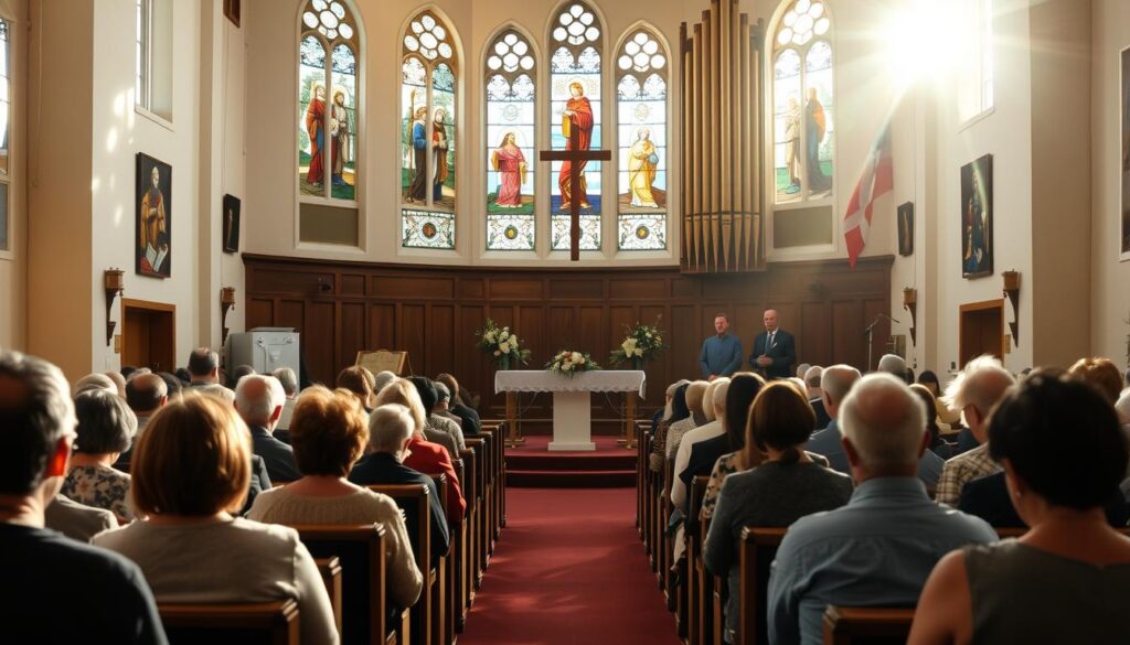A warm, welcoming community gathered in a Protestant church in Geelong, CA. The interior is bathed in soft, natural light streaming through large windows, casting a serene and reverent atmosphere. In the foreground, congregants sit in padded pews, heads bowed in prayer or song. The middle ground features a modest altar adorned with fresh flowers, a simple wooden cross, and a choir singing harmoniously. In the background, stained glass windows depict scenes of faith, while an organ pipes swell with soulful melodies. The overall scene conveys a sense of unity, devotion, and the shared experience of worship.