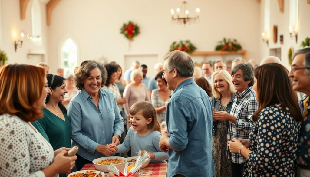 A warm, welcoming community gathered in a light-filled church hall, sharing laughter and conversation over a potluck meal. In the foreground, a group of diverse parishioners engaged in animated discussions, their faces aglow with joy and camaraderie. In the middle ground, children play together, their laughter echoing through the space. The background features tasteful décor, such as string lights and floral arrangements, creating a cozy and inviting atmosphere. The scene is bathed in a soft, golden light, capturing the essence of fellowship and a shared sense of belonging.
