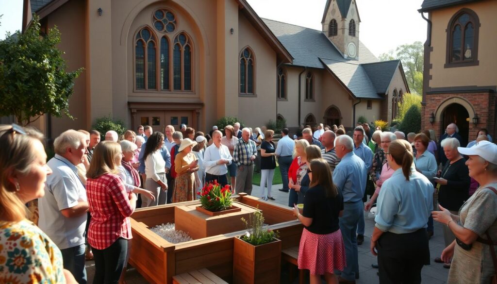 A warm, welcoming community gathering in the courtyard of a traditional Protestant church, with a steepled bell tower in the background. In the foreground, a diverse group of parishioners engaged in lively conversation, their faces lit by soft, natural lighting. The middle ground features a central gathering area with wooden benches and decorative planters, where people of all ages are seated, sharing refreshments and engaging in fellowship. The background showcases the church's charming architecture, with ornate windows and a well-manicured lawn. The overall atmosphere conveys a sense of inclusivity, spiritual nourishment, and a strong commitment to the values of the Protestant faith.