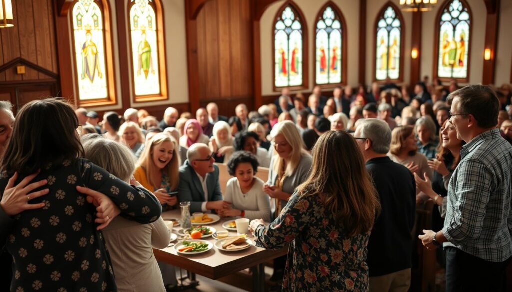 A warm, welcoming community gathers in a well-lit church sanctuary. In the foreground, a diverse group of people of all ages embrace, their faces beaming with joy and connection. The middle ground features a large family sharing a meal together, laughter and conversation filling the air. In the background, a choir rehearses, their voices blending in harmonious worship. Soft natural light filters through stained glass windows, casting a serene, ethereal glow. A sense of belonging, support, and spiritual nourishment permeates the scene, reflecting the vibrant, inclusive spirit of Christ Lutheran Church.
