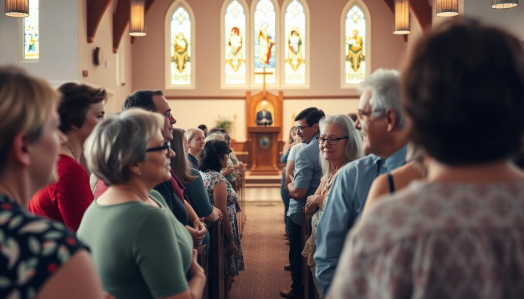 A warm, welcoming community gathers within the inviting sanctuary of St. Matthew Lutheran Church. In the foreground, congregants of diverse ages and backgrounds engage in lively discussion, their expressions radiating a sense of connection and belonging. The middle ground reveals a spacious, well-lit interior, with pews arranged to encourage interaction and a pulpit that stands as a symbol of the church's spiritual guidance. In the background, stained glass windows cast a soft, reverent glow, evoking a feeling of sacred contemplation. The scene is illuminated by natural light, creating a serene and uplifting atmosphere that embodies the church's role as a hub of faith-based support and community.