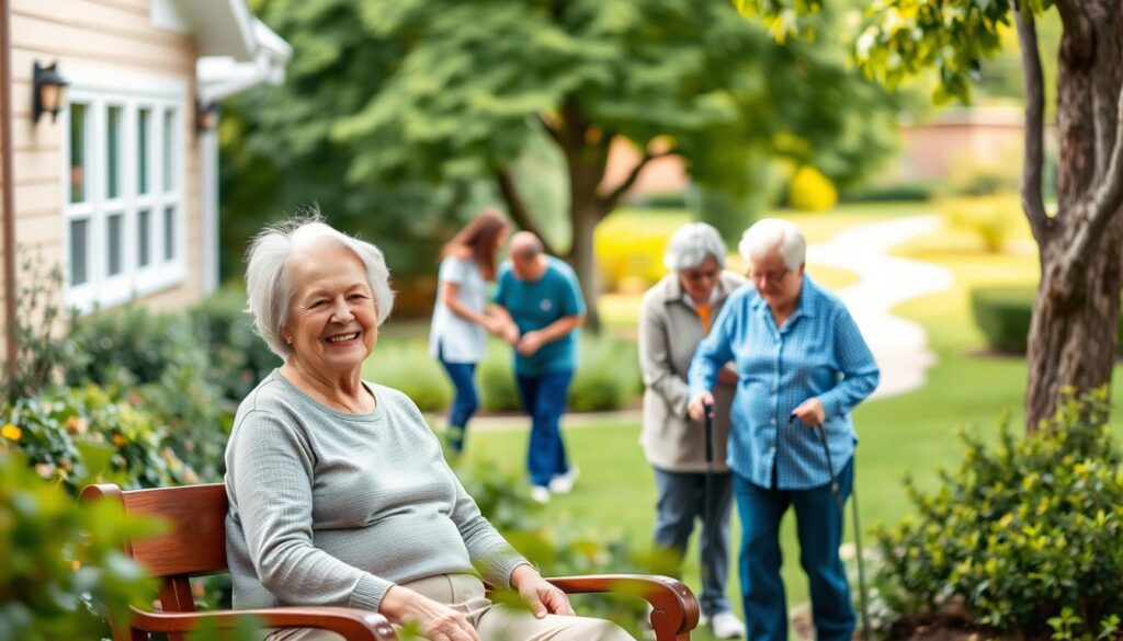 A warm, welcoming senior care facility with a tranquil, natural atmosphere. In the foreground, an elderly couple sits together on a wooden bench, their faces radiating contentment and care. The middle ground features a team of caregivers assisting residents with gentle, attentive gestures. The background showcases a serene outdoor garden, with lush greenery, a winding path, and soft, diffused lighting filtering through the trees. The overall scene conveys a sense of comfort, dignity, and unwavering compassion, reflecting the exceptional care services provided by Lutheran Life Communities.