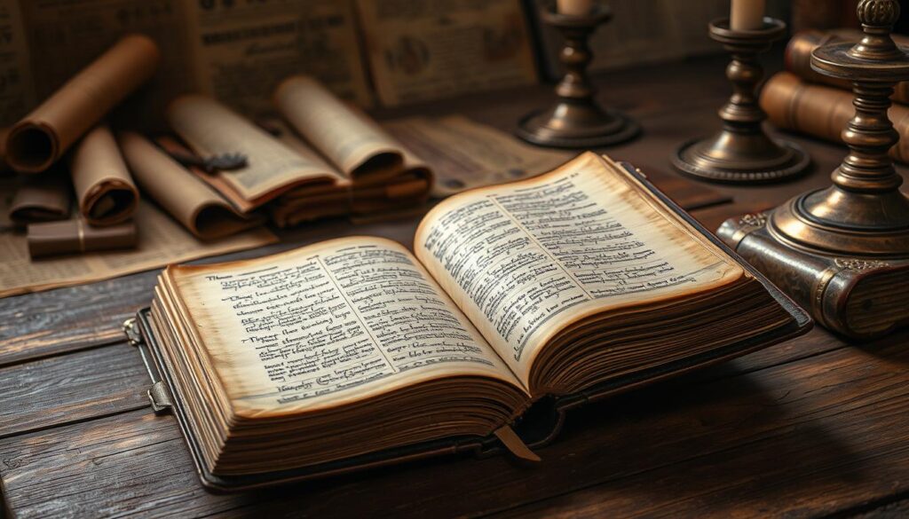 A weathered, leather-bound biblical manuscript lies open, its pages illuminated by a soft, warm light. Delicate calligraphic lettering and intricate illustrations dance across the parchment, revealing the intricate variations between ancient scriptural texts. In the background, a tapestry of scrolls and tattered documents hint at the rich history of textual scholarship, while a worn wooden table and candlestick lend an air of scholarly contemplation. The scene evokes a sense of reverence and intellectual curiosity, inviting the viewer to explore the nuanced differences that have shaped the evolution of religious doctrine.