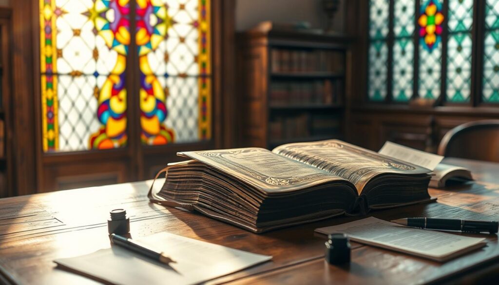 A weathered leather-bound book rests on a sturdy oak table, casting a warm glow in a sunlit study. The Book of Concord's ornate cover shimmers with intricate gold detailing, hinting at the theological depth within. Surrounding the tome are scattered pages, pens, and inkwells, suggesting a scholarly contemplation of its doctrinal foundation. The scene is bathed in soft, natural light, evoking a sense of reverence and intellectual exploration. A large, stained-glass window in the background casts a kaleidoscope of colors, symbolizing the rich heritage and spiritual significance of the Lutheran faith.