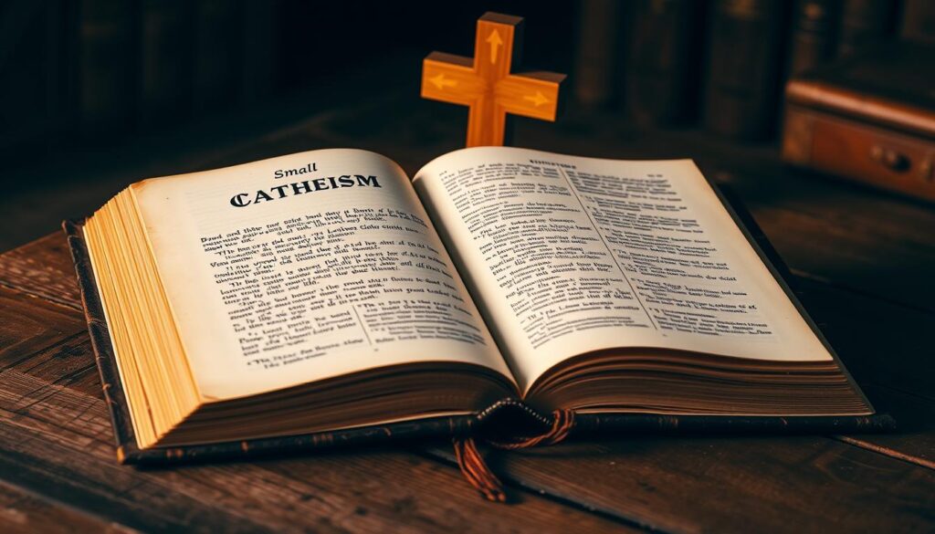 A weathered leather-bound book rests on a wooden table, its pages opened to reveal the intricate title "Luther's Small Catechism" with explanatory notes in the margins. Soft, warm lighting casts a contemplative glow, highlighting the book's well-worn edges and the thoughtful annotations scrawled across the pages. In the background, a simple cross stands as a subtle nod to the Lutheran faith, conveying a sense of reverence and scholarly reflection. The scene evokes a sense of historical significance and the profound insights to be found within the pages of this influential work.