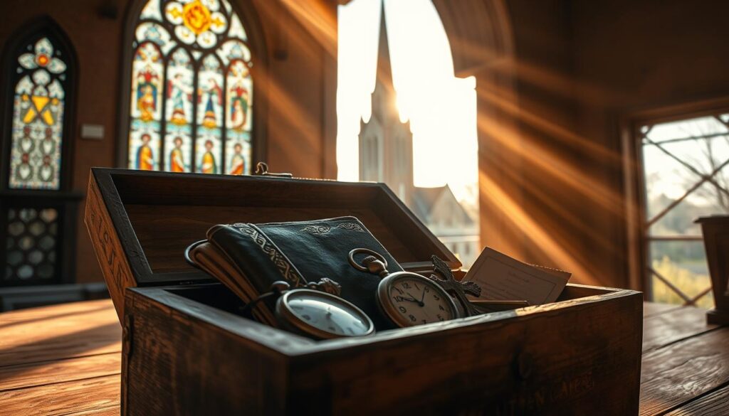 A weathered, wooden box lies open, revealing a trove of antique artifacts - a leather-bound journal, a pocket watch, and a tarnished cross. Rays of warm, golden light spill in from a nearby window, casting a nostalgic glow over the historic scene. In the background, the ornate stained-glass windows and towering spire of St. Mark Lutheran Church stand as a testament to the community's enduring spirit. The discovery of this time capsule evokes a sense of wonder and connection to the past, inviting the viewer to imagine the stories and traditions it represents.