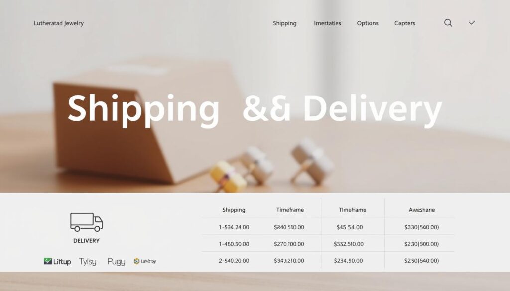 A well-designed shipping and delivery section with a variety of options, displayed on a modern, minimalist ecommerce website. The layout features clean, crisp lines and a neutral color palette, with prominent icons and clear labeling. In the foreground, a set of delivery service logos and estimated shipping times. In the middle ground, a neatly organized table outlining shipping costs, timeframes, and any applicable fees. The background showcases a serene, blurred product image, hinting at the high-quality lutheran jewelry being offered. Soft, directional lighting creates depth and emphasizes the key details. The overall tone is professional, informative, and designed to provide a seamless purchasing experience for the customer.
