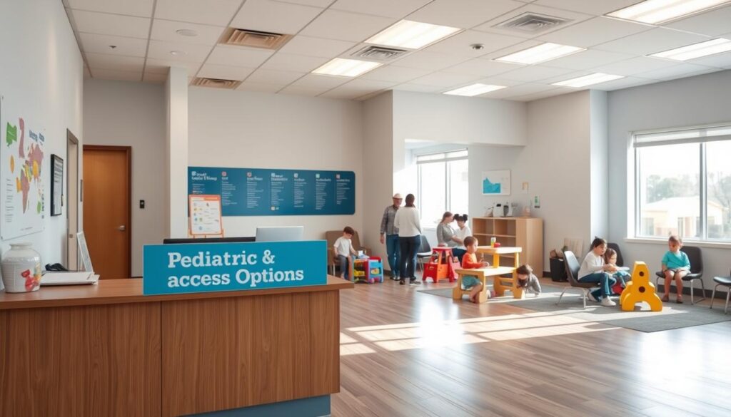A well-lit and inviting pediatric clinic, with a warm and welcoming atmosphere. In the foreground, a modern reception desk with signage showcasing "Pediatric Access Options". Behind it, a group of children in the waiting area, playing with age-appropriate toys and interacting with their parents. The middle ground features examination rooms with large windows, allowing natural light to flood the space. In the background, a map displaying the clinic's various convenient locations throughout the community. The overall mood conveys a sense of professionalism, accessibility, and a focus on providing exceptional care for families.