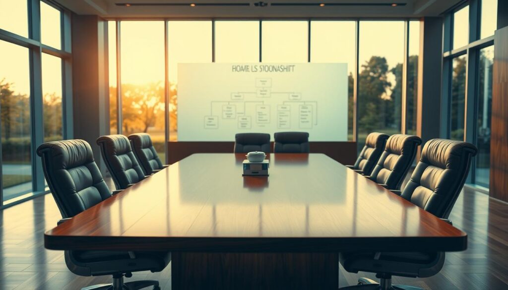 A well-lit and thoughtfully composed board leadership structure diagram. In the foreground, a polished wooden conference table with plush leather chairs arranged around it, conveying a sense of authority and professionalism. In the middle ground, a series of organizational charts and diagrams displayed on high-resolution digital screens, illustrating the hierarchy and decision-making processes of the board. The background features large windows overlooking a serene outdoor scene, bathing the room in warm, natural light and creating a calming, contemplative atmosphere. The overall impression is one of structured, collaborative leadership grounded in compassion and care.