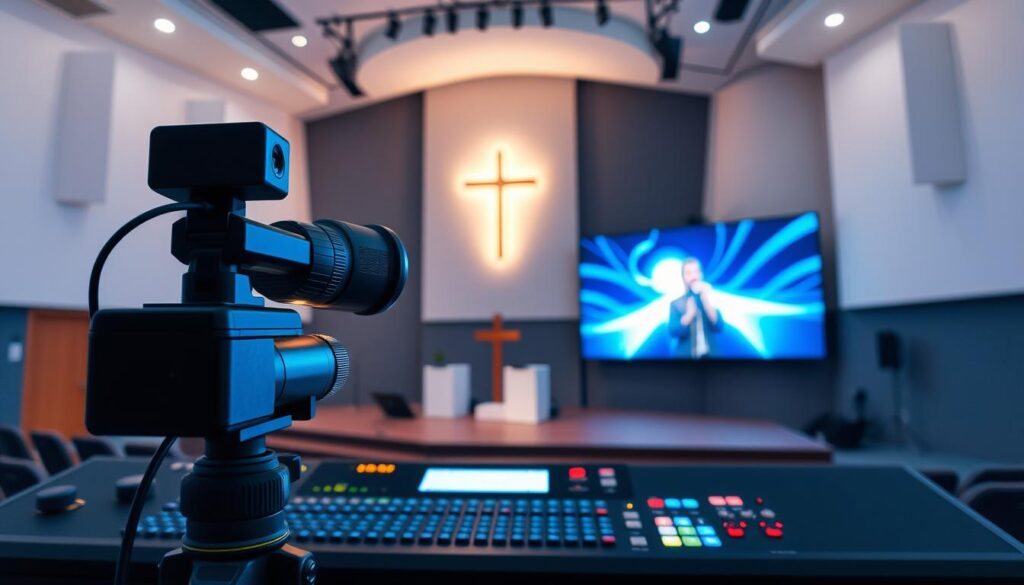 A well-lit digital worship center, with a large screen displaying an engaging multimedia presentation. In the foreground, a high-quality webcam and audio equipment facilitate seamless online streaming. The middle ground showcases a sleek, modern control panel, allowing for precise adjustment of lighting, sound, and video elements. In the background, a minimalist stage design with subtle religious iconography sets the tone for a contemplative, immersive virtual worship experience. The overall atmosphere is one of technological sophistication and spiritual reverence, catering to the needs of a contemporary, digitally-savvy congregation.