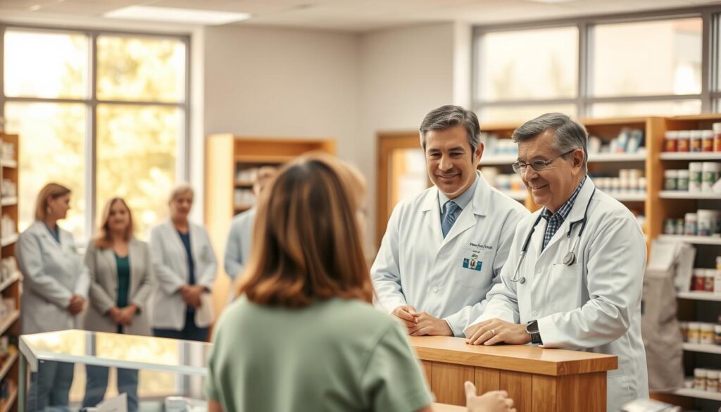 A well-lit, professional pharmacy setting. In the foreground, two experienced pharmacists consult with a patient, their expressions attentive and reassuring. The pharmacists wear white lab coats and stand behind a wooden counter, surrounded by neatly organized shelves of medication. In the middle ground, other patients wait patiently, observing the care and expertise on display. The background features large windows, letting in warm, natural light that creates a calming atmosphere. The scene conveys a sense of trust, expertise, and personalized healthcare, reflecting the Lutheran Pharmacy's commitment to reliable and compassionate service.