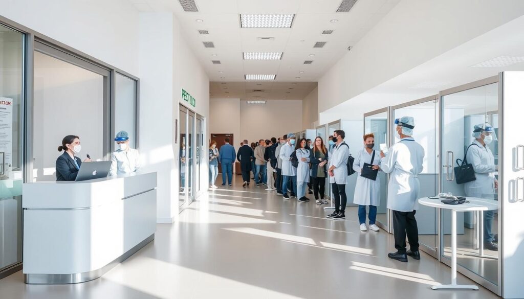 A well-lit, welcoming COVID testing walk-in clinic, with a modern, minimalist design. The entrance features a large glass door, allowing natural light to flood the space. In the foreground, a reception desk with a friendly staff member, ready to assist patients. The middle ground showcases an orderly queue of individuals waiting to be tested, maintaining social distance. The background reveals private testing rooms, with medical professionals in PPE performing tests efficiently. The overall atmosphere conveys a sense of professionalism, care, and safety, mirroring the values of the healthcare provider.