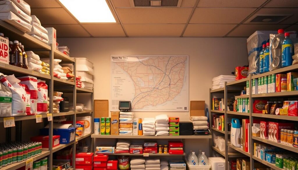 A well-stocked emergency preparedness center, illuminated by warm overhead lighting. In the foreground, neatly organized shelves display essential supplies: first-aid kits, flashlights, batteries, bottled water, and non-perishable food. On the middle shelves, radios, blankets, and personal hygiene items stand ready for distribution. In the background, a large map of the region pinpoints potential disaster zones and evacuation routes. An atmosphere of calm efficiency pervades the space, conveying the Lutheran Disaster Response's commitment to timely assistance and community support in times of crisis.