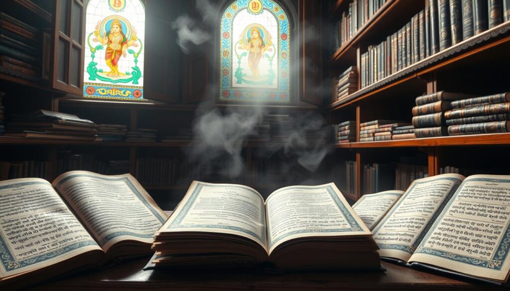 An ancient Hindu manuscript library, illuminated by soft natural light filtering through stained glass windows. The manuscripts are bound in ornate leather covers, their pages filled with intricate calligraphic script and vibrant illustrations depicting deities, sacred symbols, and philosophical concepts. The shelves are made of polished teak, their aged grain adding a sense of timeless reverence. In the background, a hazy mist adds an ethereal quality, as if the knowledge within these texts has a palpable, mystical presence. The overall scene evokes a profound sense of history, spirituality, and the enduring legacy of Hindu philosophical and religious traditions.