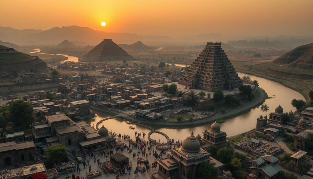 An ancient city nestled along the banks of a winding river, surrounded by rolling hills and lush vegetation. The bustling marketplace is filled with merchants bartering their wares, while artisans craft intricate pottery and jewelry. In the distance, towering ziggurat-like structures rise, their stepped facades casting long shadows as the sun dips below the horizon. The scene is bathed in a warm, golden light, evoking the timeless grandeur of the Indus Valley Civilization, a testament to the rich cultural heritage that shaped the foundations of Hinduism.