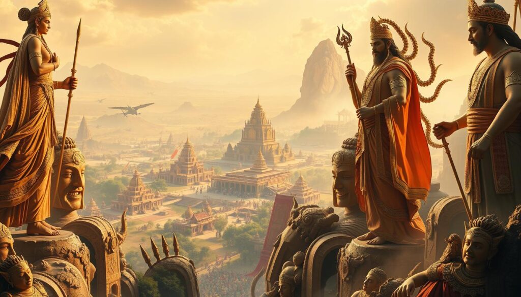 An epic landscape unfolds, a tapestry of ancient narratives. In the foreground, towering figures of gods and mythical heroes emerge, their forms radiating power and divine grace. Intricate details adorn their ornate garments, each fold and pattern a testament to the rich cultural heritage. The middle ground reveals a vast, breathtaking panorama, with majestic temples and palaces rising against a backdrop of lush, verdant landscapes. Scattered amidst the scene are glimpses of legendary battles, the clash of armies and the triumph of righteousness. The background fades into a dreamlike haze, hinting at the boundless realms of imagination and timeless wisdom that these epic tales have come to embody. Warm, golden light bathes the entire composition, imbuing the scene with a sense of reverence and timelessness.