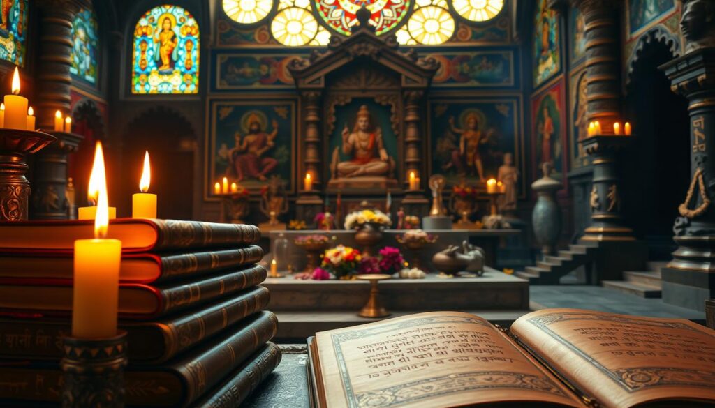 An ornate collection of ancient Hindu sacred texts, illuminated by warm candlelight and sunlight filtering through stained glass windows. In the foreground, a stack of leather-bound volumes embossed with intricate gold patterns. In the middle ground, a stone altar adorned with carved figurines and offerings of flowers and incense. The background features a richly decorated temple interior, with tapestries, murals, and statues depicting scenes from the Vedas, Upanishads, and other revered Hindu scriptures. The overall atmosphere is one of reverence, spirituality, and timeless wisdom.