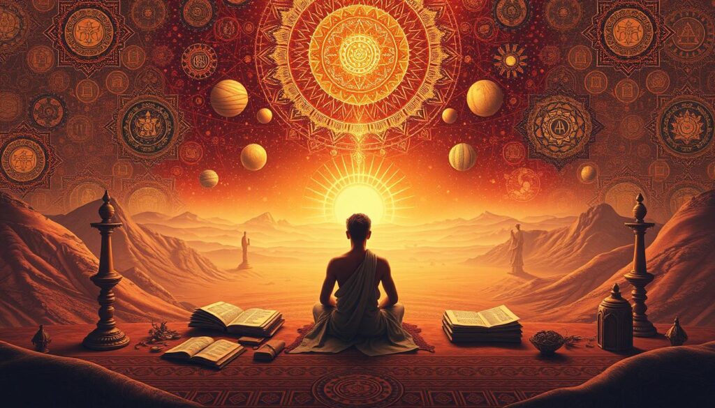 An ornate, intricately detailed illustration of the philosophy of the Upanishads, the ancient Hindu scriptures that explore the nature of the self, the divine, and the universe. A serene, meditative atmosphere pervades the scene, with mystical symbols and geometric patterns filling the frame. In the foreground, a scholar sits cross-legged, deep in contemplation, surrounded by ancient manuscripts and scrolls. In the middle ground, a cosmic, ethereal landscape unfolds, with celestial bodies and mystical portals. The background is a rich, textured tapestry of sacred symbols, mantras, and spiritual imagery, conveying the depth and complexity of Upanishadic thought. Soft, warm lighting casts a contemplative glow over the entire composition, inviting the viewer to ponder the profound insights of this influential philosophical tradition.