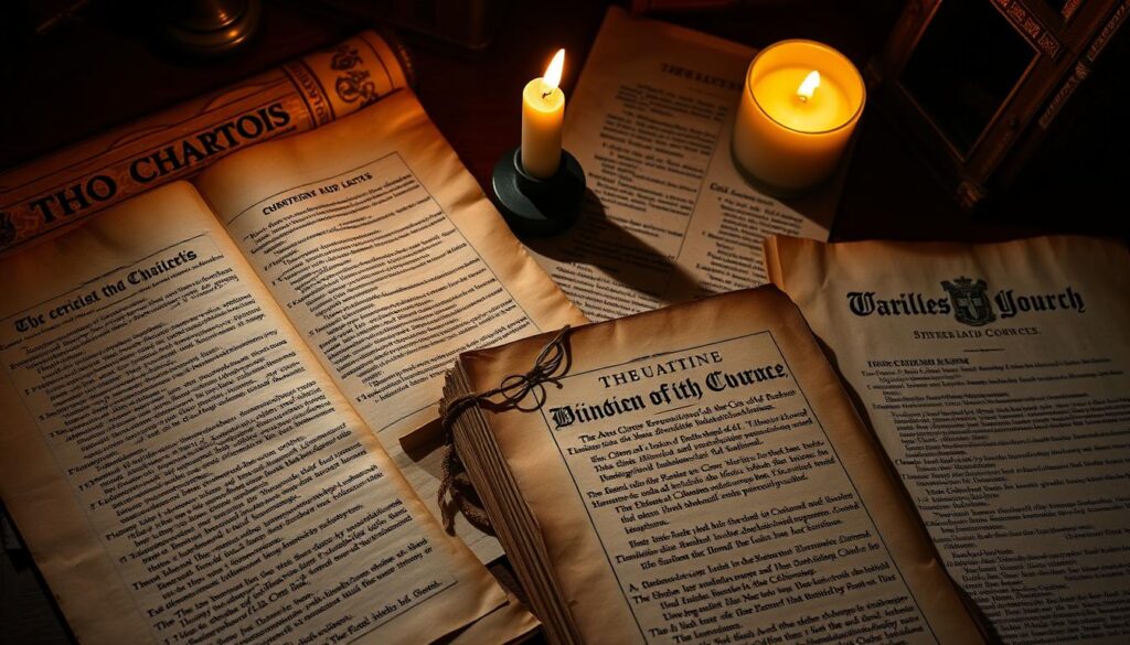 Antique parchment pages, meticulously crafted in sepia tones, reveal the historical evolution of Catholic Church regulations. Dim candlelight casts a warm glow, illuminating the intricate calligraphy and ornate ecclesiastical imagery. Aged leather bindings hint at the weight of tradition, while delicate quill strokes capture the reverence of the scribes. Subtle shadows elongate across the time-worn documents, conveying a sense of solemnity and the passage of eras. The arrangement suggests a scholarly study, where these artifacts of faith and governance are carefully preserved, guiding the faithful through the centuries.