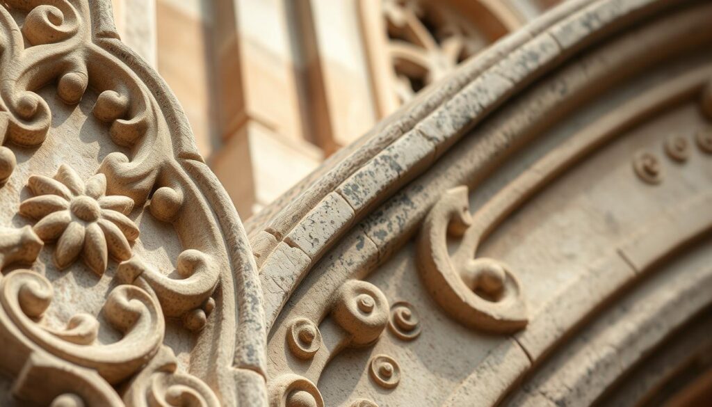 Carved limestone details preservation: A close-up view of intricate architectural elements, showcasing the exquisite craftsmanship and weathered textures of a historic Protestant church. The foreground features delicate floral carvings, their delicate patterns accentuated by soft, raking light that casts subtle shadows. In the middle ground, the stone surfaces display a patina of age, with subtle cracks and subtle discoloration adding depth and character. The background subtly blurs, drawing the viewer's attention to the meticulous preservation of these timeless architectural details, a testament to the enduring legacy of faith and community.