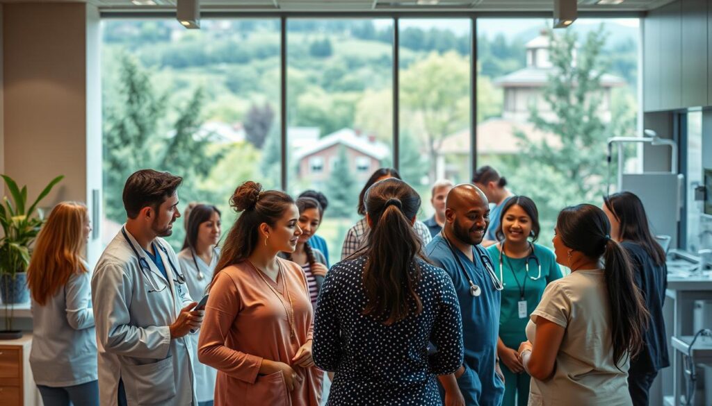 Comprehensive healthcare services in a modern, welcoming Wheat Ridge setting. In the foreground, a group of diverse patients interacting with attentive medical professionals, conveying a sense of compassionate care. The middle ground features state-of-the-art medical equipment and facilities, reflecting the latest advancements in healthcare technology. The background showcases the verdant surroundings and architectural details of the Wheat Ridge community, creating a calming, community-oriented atmosphere. Soft, natural lighting illuminates the scene, highlighting the warm, inviting ambiance. The overall composition emphasizes the holistic, patient-centric approach to healthcare services.