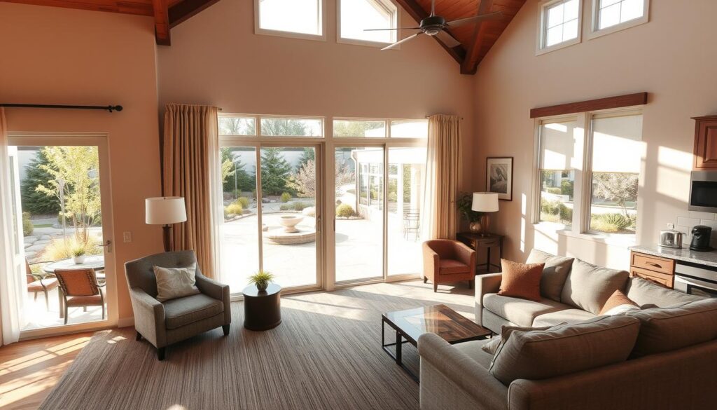 Cozy and inviting independent living suite, filled with natural light streaming through large windows. Comfortable living room with plush armchair and sofa, adjacent kitchenette with sleek appliances. Warm wooden accents, soft neutral tones, and tactile textures create a serene, homey atmosphere. In the background, a beautifully landscaped courtyard with lush greenery and a tranquil water feature. Captured with a wide-angle lens to showcase the spaciousness and flow of the open-concept design. The overall mood is one of contentment, security, and the promise of an enriching retirement lifestyle.