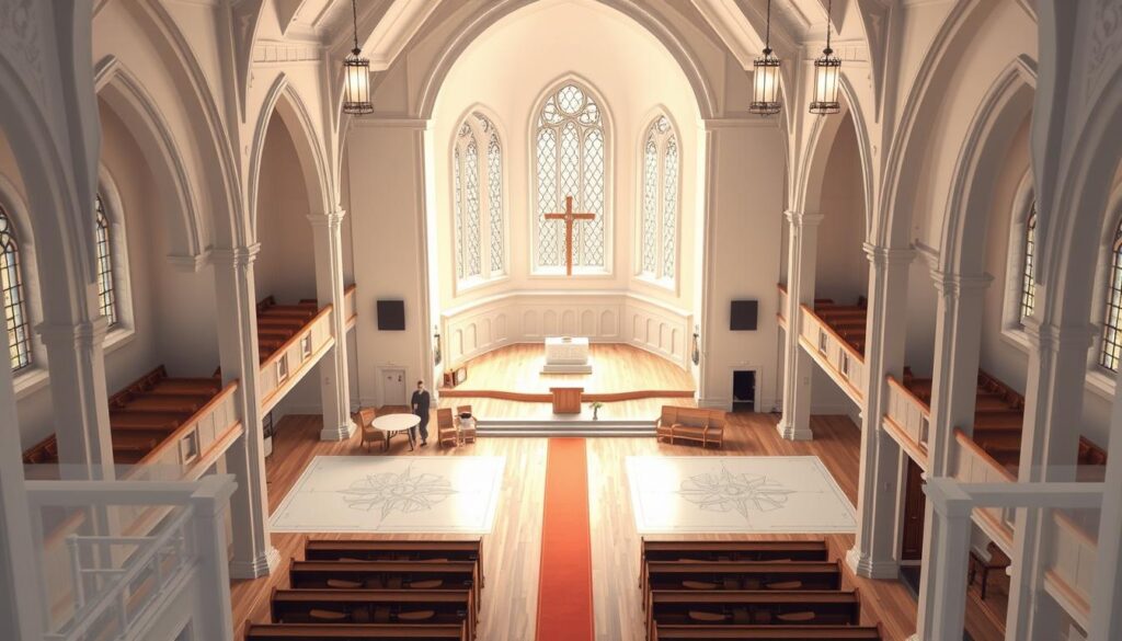 Detailed architectural floor plan of a classic protestant church interior, showcasing the key structural elements. Crisp, high-resolution rendering with a clean, minimalist aesthetic. Centered perspective highlighting the raised pulpit, central aisle, and pew seating arrangement. Warm, natural lighting from large stained glass windows casts soft shadows across the polished wooden floors. Precise technical diagrams of the spatial layout, clearly delineating the narthex, nave, and chancel. Muted color palette emphasizes the solemn, reverent atmosphere. Ornate gothic arches and columns frame the sacred space, conveying a sense of timeless tradition.
