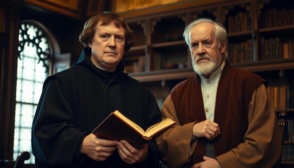 Detailed historical portrait of Martin Luther and Philip Melanchthon, two prominent 16th century Lutheran theologians. Set in a warm, well-lit interior, the subjects are captured in a thoughtful pose, gazing intently. Luther, in a dark robe, holds a book, symbolizing his scholarly and reformist work. Melanchthon, in a lighter colored attire, is positioned close by, reflecting their collaborative efforts in shaping Lutheran theology. The background features ornate wooden furniture and shelves, evoking the scholarly atmosphere of the era. The overall composition and lighting convey a sense of reverence and intellectual gravitas befitting the significance of these two figures in the Protestant Reformation.