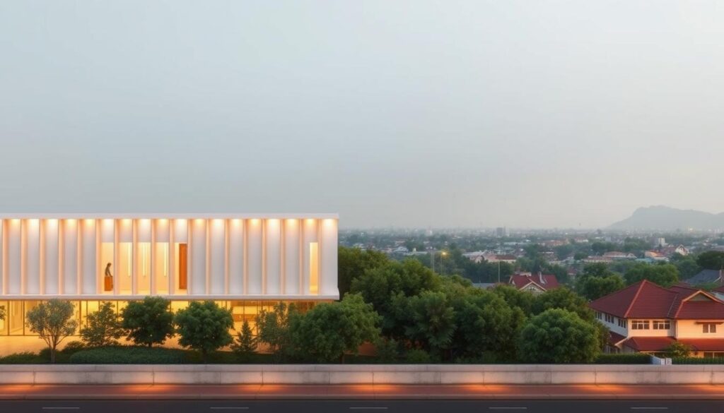 Hanoi community center directions - a minimalist architectural rendering showcasing the clean, modern lines of the building's facade, illuminated by warm, natural lighting. The structure stands prominently in the foreground, nestled amidst a lush, verdant landscape in the middle ground. In the background, a serene cityscape with traditional Vietnamese rooftops and distant mountains creates a tranquil, peaceful atmosphere. The image conveys a sense of order, accessibility and community, reflecting the purpose of the Protestant church directory it is intended to illustrate.