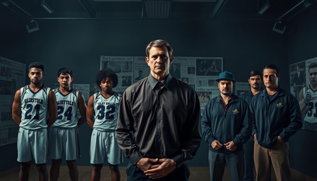 High school sports scandals unfolding in a comparative tableau, shot in an overcast newsroom setting. In the foreground, athletes and coaches stand solemnly, their expressions mirroring the gravity of the situation. The middle ground features newspaper headlines and footage from various scandals, juxtaposed to highlight patterns and parallels. The background is a subdued, muted palette, conveying the somber tone of the subject matter. Cinematic, documentary-style lighting casts dramatic shadows, emphasizing the weight of these controversies. The overall composition draws the viewer's eye through the layers of information, inviting contemplation on the broader societal implications of high school sports scandals.