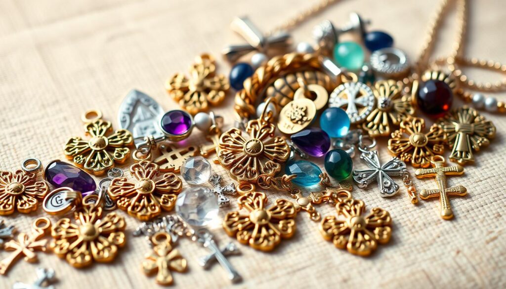 Highly detailed, photorealistic image of a diverse collection of Lutheran-themed jewelry materials, including the iconic Luther rose design and associated religious symbols, arranged on a neutral background with soft, warm lighting, conveying a sense of reverence and spiritual contemplation. The foreground showcases various metal charms, pendants, and beads in gold, silver, and bronze tones, meticulously crafted with intricate patterns and textures. The middle ground features a variety of gemstones, crystals, and semi-precious stones, such as amethyst, jade, and sapphire, complementing the metallic elements. The background subtly suggests a wooden or fabric surface, creating a harmonious and cohesive composition that celebrates the rich heritage and artistic expression of Lutheran jewelry design.