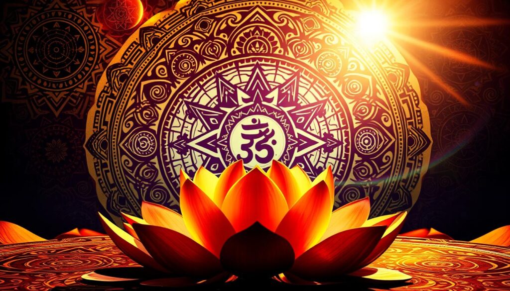 Intricate mandalas and sacred geometry fill the frame, radiating ancient Vedic wisdom. A vibrant, otherworldly light bathes the scene, casting deep shadows that accentuate the symbolic shapes. In the foreground, a central lotus blossom unfurls its petals, surrounded by swirling, interlocking patterns that evoke the interconnectedness of the cosmos. In the middle ground, abstract deities and mystical iconography emerge, hinting at the profound depths of Hindu philosophy. The background fades into a ethereal, dreamlike expanse, suggesting the transcendent nature of these timeless symbols. Capture the timeless essence of Hinduism's scriptural heritage with this evocative, visually striking image.