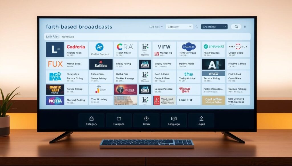 Live faith-based broadcasts schedule displayed on a modern, minimalist dashboard. A large screen in the foreground shows a grid of upcoming programs, with channel logos and titles. In the middle ground, a row of clickable buttons allow users to filter by category, time, or language. The background features a soft, warm lighting, creating a serene, contemplative atmosphere. The overall design is clean, intuitive, and visually appealing, reflecting the values of the Lutheran Public Radio organization.
