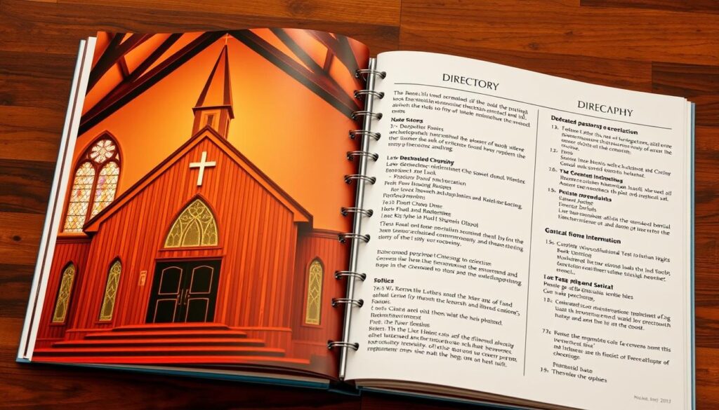 Lutheran church directory, a well-organized handbook showcasing the vibrant community of a local Lutheran congregation. The front cover features an elegant, wooden church building with a tall steeple and stained glass windows, bathed in warm, golden sunlight. As the viewer steps inside, they are greeted by a neatly arranged directory, with each page detailing the contact information and brief biographies of the dedicated pastors, deacons, and active members. The layout is clean and minimalist, allowing the rich colors and textures of the church's interior to shine through. The overall atmosphere exudes a sense of tradition, community, and a welcoming spirit, perfectly capturing the essence of the Lutheran faith.