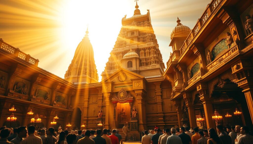 Majestic Hindu temple, its towering spires piercing the heavens, bathed in warm, golden light. Intricate carvings of deities and mythical creatures adorn the facade, radiating a palpable spiritual presence. At the temple's heart, devotees kneel in reverence, their faces illuminated by the flickering flames of oil lamps. Shafts of sunlight filter through ornate windows, casting a divine glow upon the ornate altars and sacred iconography. The air is thick with the scent of incense, elevating the senses and evoking a profound sense of connection to the divine. Capture the essence of this hallowed space, where the material and the ethereal seamlessly intertwine.