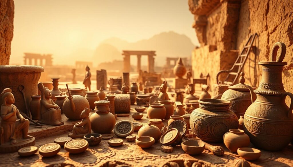 Meticulously rendered artifacts from the ancient Indus Valley civilization, bathed in warm, golden light and presented against a backdrop of earthy, textured surfaces. The foreground showcases an array of finely detailed terracotta figurines, seals, and pottery, hinting at the sophisticated artistic and cultural achievements of this lost civilization. In the middle ground, intricate stone carvings and bronze implements are displayed, while the distant background suggests the remnants of architectural structures, alluding to the grandeur and complexity of this bygone era. The overall composition conveys a sense of reverence and timeless wonder, inviting the viewer to contemplate the enduring legacy of the Indus Valley people.