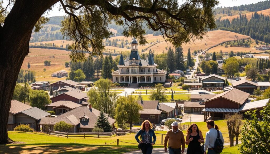Pederson Ranch campus, a picturesque oasis of history and community. A sprawling complex of weathered wooden structures nestled amid rolling hills, lush greenery, and meandering pathways. Sunlight filters through towering oaks, casting a warm, nostalgic glow across the scene. In the foreground, a group of students stroll leisurely, engaged in thoughtful discussion, their laughter echoing through the tranquil setting. In the middle ground, a grand, Victorian-style building stands proud, its ornate architecture a testament to the university's storied past. Beyond, the landscape unfolds, revealing a quaint village with quaint shops and residences, all woven into the fabric of the campus. An atmosphere of intellectual pursuit and spiritual growth permeates the air, inviting visitors to immerse themselves in the rich tapestry of this cherished institution.